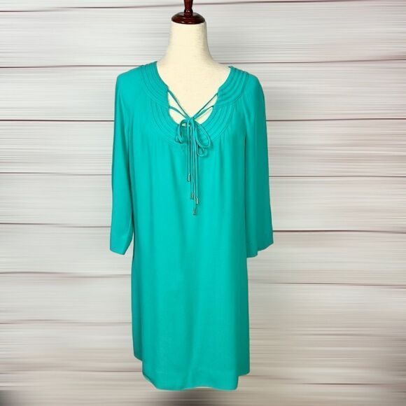 Diane von Furstenberg Turquoise Parlian Shift Dress 3/4 Sleeves Above Knee US 6 - Picture 3 of 12
